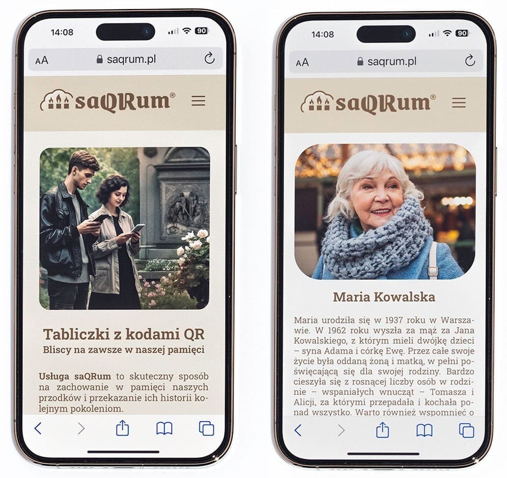 Wygląd życiorysu po zeskanowaniu tabliczki z kodem QR za pomocą smartfona.